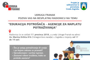 BESPLATNA RADIONICA „EDUKACIJA POTROŠAČA – AGENCIJE ZA NAPLATU POTRAŽIVANJA“